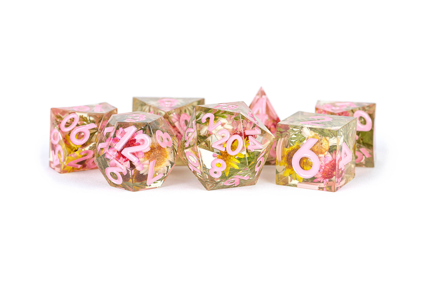 FanRoll by Metallic Dice Games - PREMIUM Handcrafted Sharp Edge Inclusion Dice (Chrysanthemum w/ Pink)