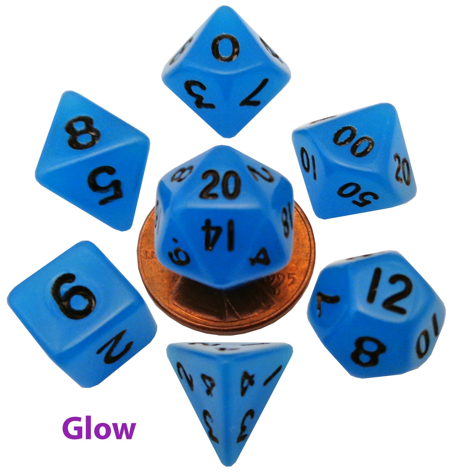 FanRoll by Metallic Dice Games - 10mm Mini Dice Acrylic Polyhedral Set Glow Blue/Black