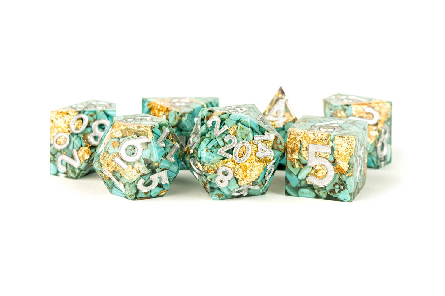 FanRoll by Metallic Dice Games - PREMIUM Handcrafted Sharp Edge Inclusion Dice (Turquoise Pebbles)