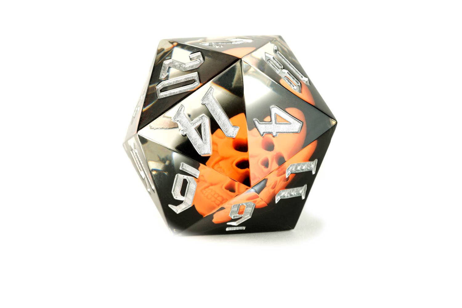 FanRoll by Metallic Dice Games - Mega D20 WITH Glowing Skull Hand Crafted 55mm Sharp Edge Orange