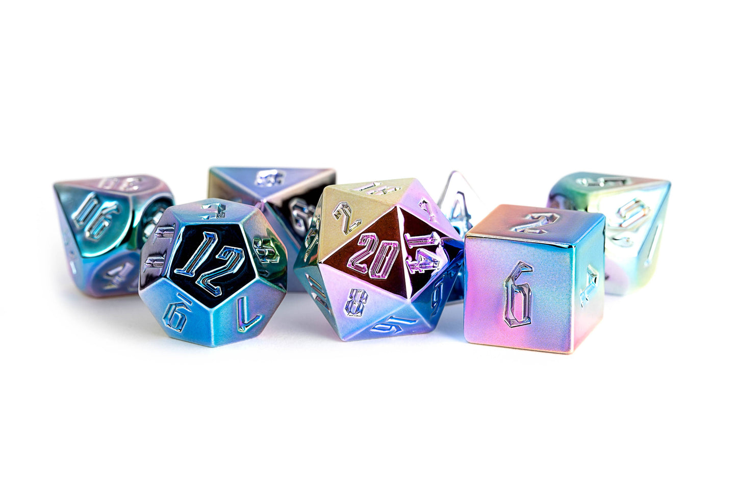 FanRoll by Metallic Dice Games - Rainbow Aegis 16mm Aluminum Plated Acrylic Poly Dice Set